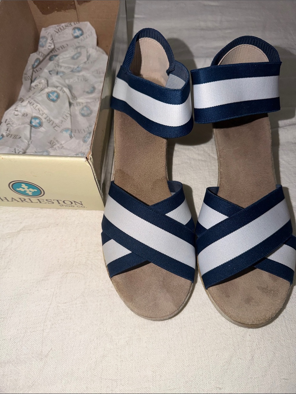 CHARLESTON SHOE CO. Navy and White Elastic Strappy Wedge Sandals